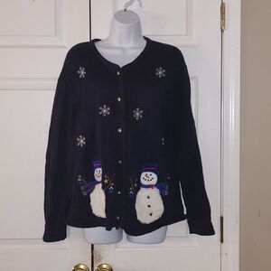 Krystal  Kobe navy button down snowman snowflakes  winter cardigan  Sz M